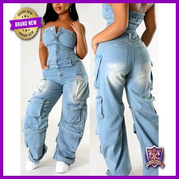 Women's Denim Cargo Jumpsuit Off Shoulder Tube Top Wide Leg Baggy Fit - Picture 5 of 7